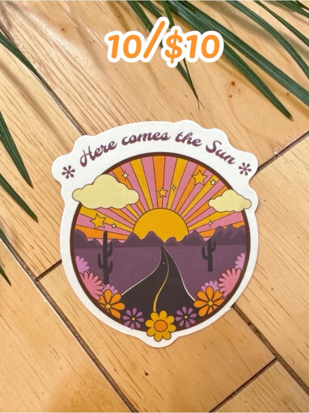 Here Comes the Sun Sticker – Retro Desert Sunrise Vinyl | Groovy 70s Road Trip